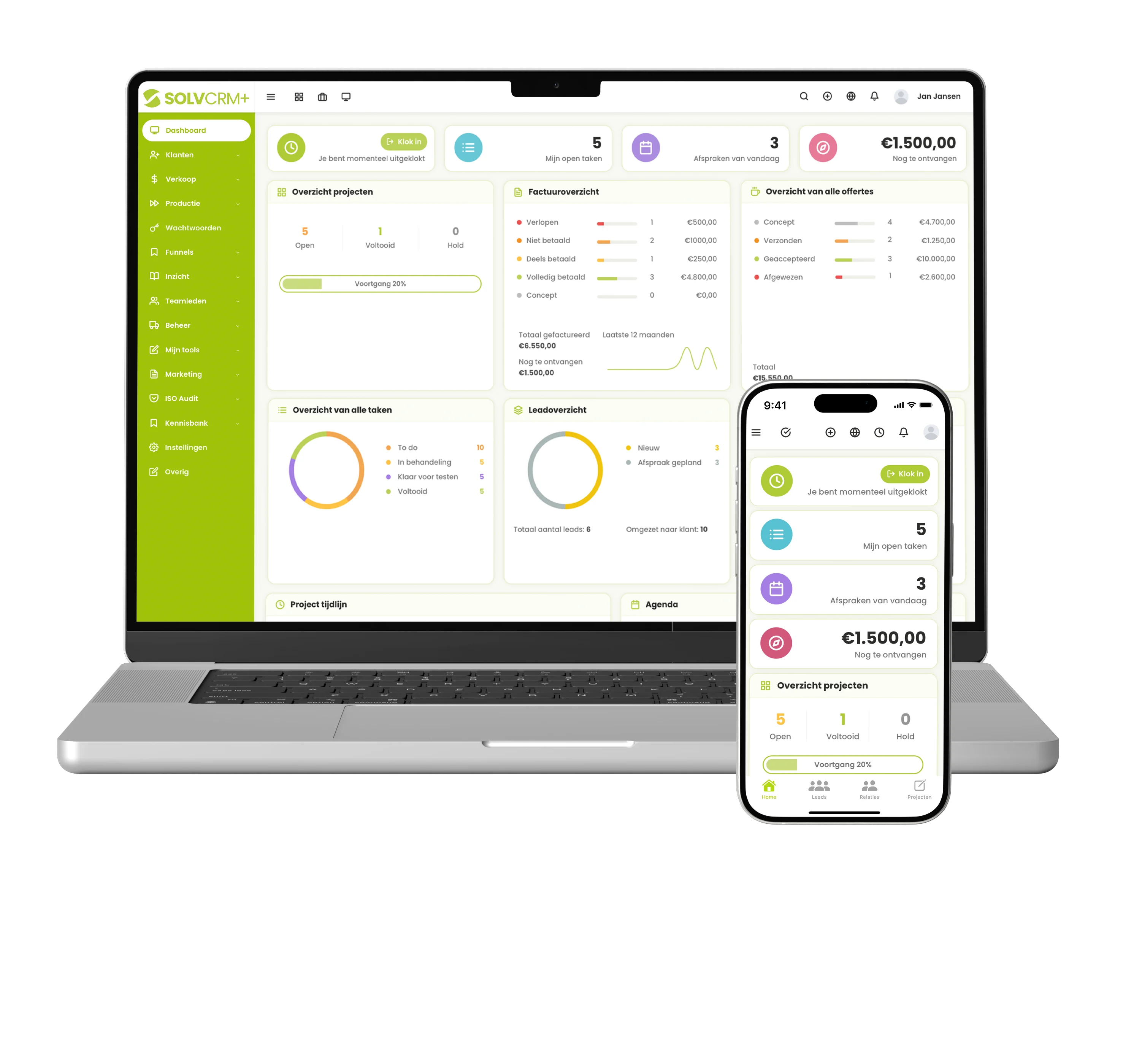 SolvCRM+ klantenportaal met klantinformatie en aangesloten bedrijfsprocessen