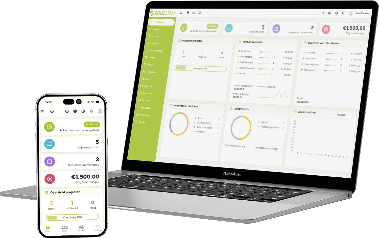 SolvCRM+ als bedrijfsplatform op laptop en mobiel